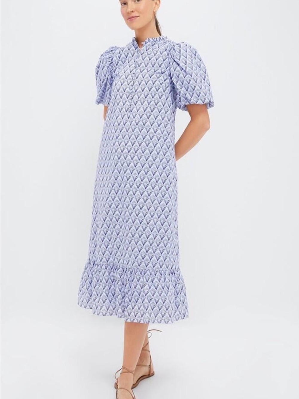 Puff-Sleeve Midi Dress in Light Blue Geometric Print